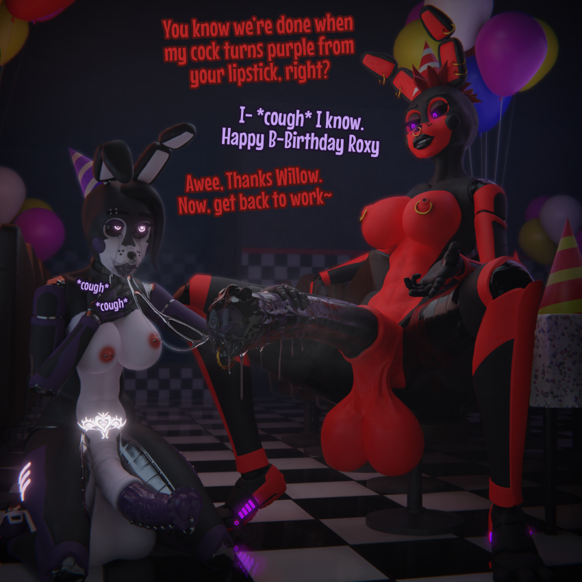 1:1 animal_genitalia animal_penis animatronic anthro balloon balls big_balls big_penis birthday bodily_fluids bonnie_(fnaf) clothing coughing crying deanshornies dialogue duo english_text equine_genitalia equine_penis fan_character fellatio five_nights_at_freddy's genital_piercing genitals gynomorph hair hand_on_chest hand_on_penis hat headgear headwear hi_res huge_penis hyper hyper_genitalia hyper_penis inflatable intersex intersex/intersex lipstick_on_penis machine nipple_piercing nipples oral party_hat penile penis penis_piercing piercing robot saggy_balls saliva saliva_on_face saliva_on_penis saliva_string scottgames sex sitting spread_legs spreading tears text