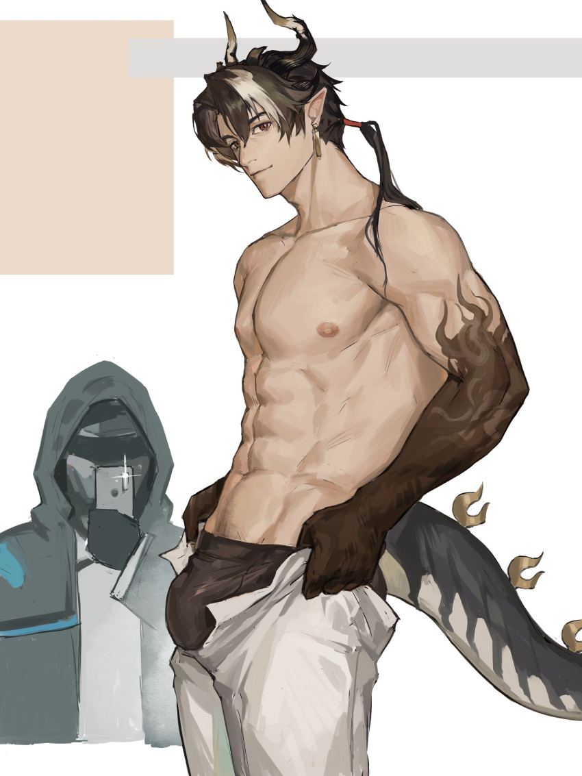 1boy abs aixiwuganda_(20222192) arknights ass bara black_hair black_male_underwear bulge bulge_lift chong_yue_(arknights) curled_horns doctor_(arknights) dragon_boy dragon_horns dragon_tail dressing feet_out_of_frame from_side gradient_skin highres horns i've_never_seen_a_guy_recreate_this_successfully_tbh_(meme) large_pectorals long_hair looking_at_viewer low_ponytail male_focus male_underwear meme multicolored_hair muscular muscular_male navel_hair nipples open_pants pants pants_lift pectorals pointy_ears smile solo stomach streaked_hair tail topless_male undersized_clothes underwear white_pants
