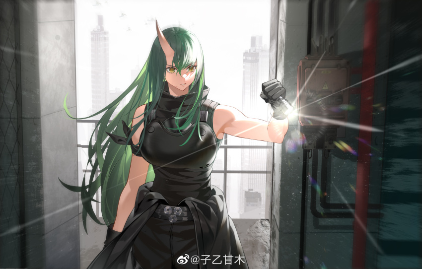 1girl absurdres arknights arm_scarf armor black_gloves black_jacket black_pants black_scarf black_shirt breastplate breasts chinese_commentary clothes_around_waist cowboy_shot flashlight gloves green_hair hair_between_eyes hand_up highres holding holding_flashlight horns hoshiguma_(arknights) jacket jacket_around_waist large_breasts long_hair oni oni_horns pants parted_lips scar scar_on_cheek scar_on_face scarf shirt single_horn skin-covered_horns sleeveless sleeveless_shirt solo teeth weibo_logo weibo_username yellow_eyes ziyiganmu