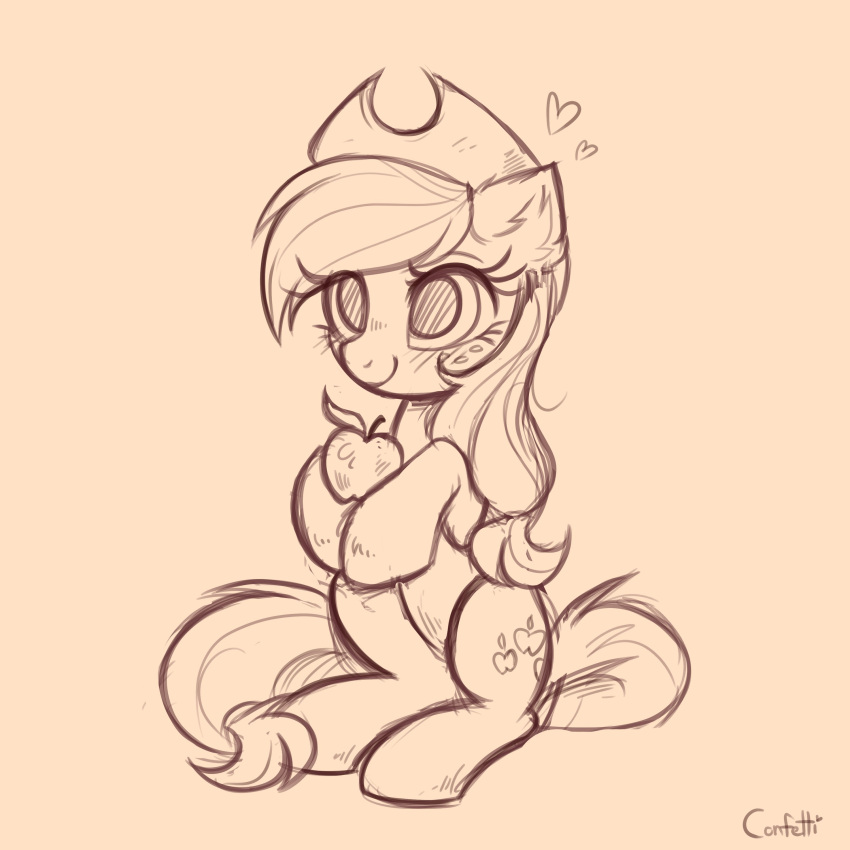 absurd_res apple applejack_(mlp) blush clothing confetticakez cowboy_hat cutie_mark ear_tuft earth_pony equid equine eyelashes female feral food freckles friendship_is_magic fruit fur hair hasbro hat headgear headwear hi_res holding_object horse inner_ear_fluff mammal mane monochrome my_little_pony plant pony simple_background sketch smile soll tail tuft