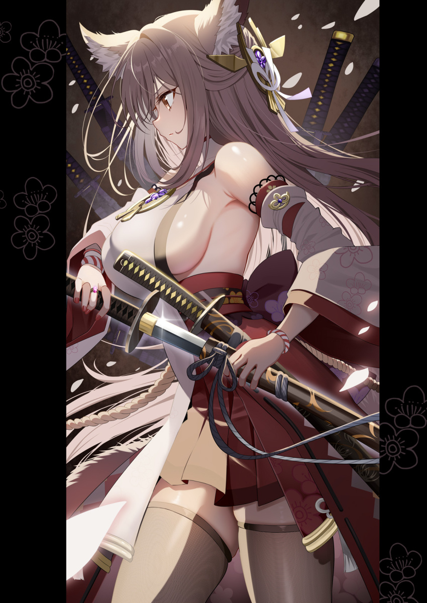 1girl animal_ear_fluff animal_ears back_bow bare_shoulders black_sash bow bracelet breasts brown_eyes brown_hair cat_ears commission cowboy_shot detached_sleeves falling_petals floral_print from_side hair_ornament hakama hakama_skirt highres japanese_clothes jewelry katana large_breasts long_hair miko multiple_swords obi obijime original petals piyopoyo pleated_skirt red_nails red_skirt ring sash scabbard sheath sideboob skeb_commission skirt solo sword thighhighs unsheathing weapon wide_sleeves