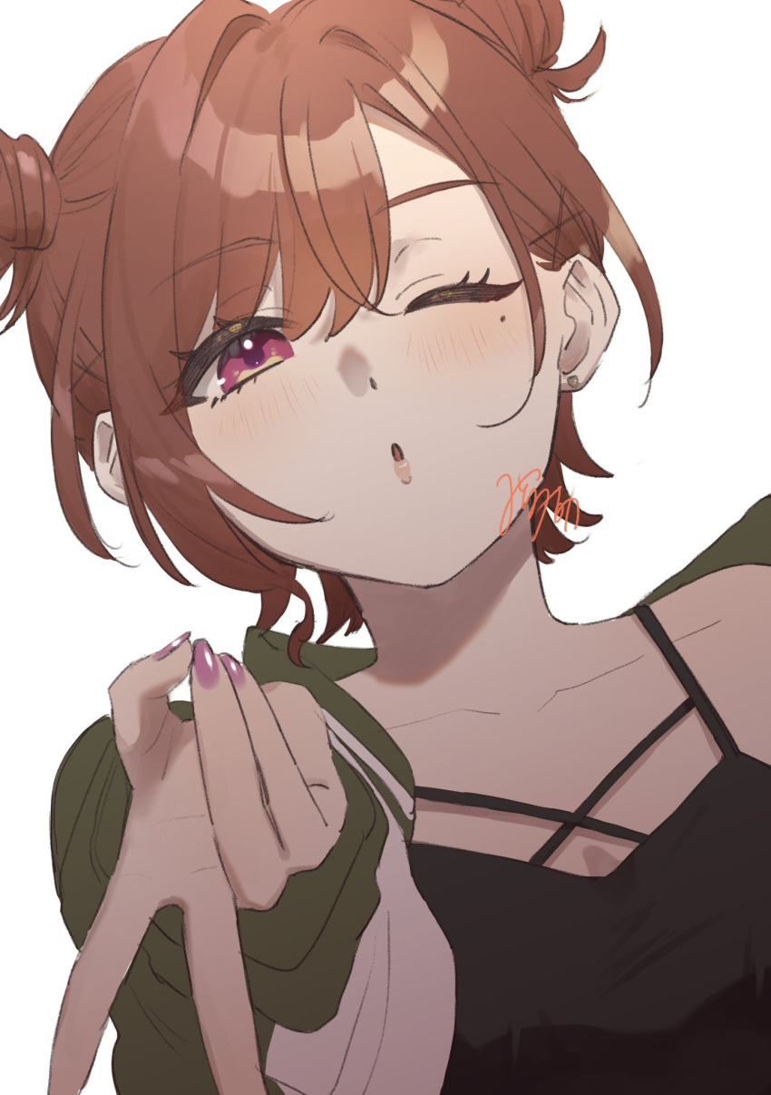 1girl :o alternate_hairstyle black_camisole camisole close-up collarbone double_bun fingernails green_jacket gyaru_v hair_bun hair_intakes hair_ornament hand_up highres higuchi_madoka idolmaster idolmaster_shiny_colors jacket mitora_nao mole mole_under_eye nail_polish one_eye_closed open_clothes open_jacket parted_bangs parted_lips pink_eyes pink_nails red_hair simple_background solo upper_body v white_background x_hair_ornament