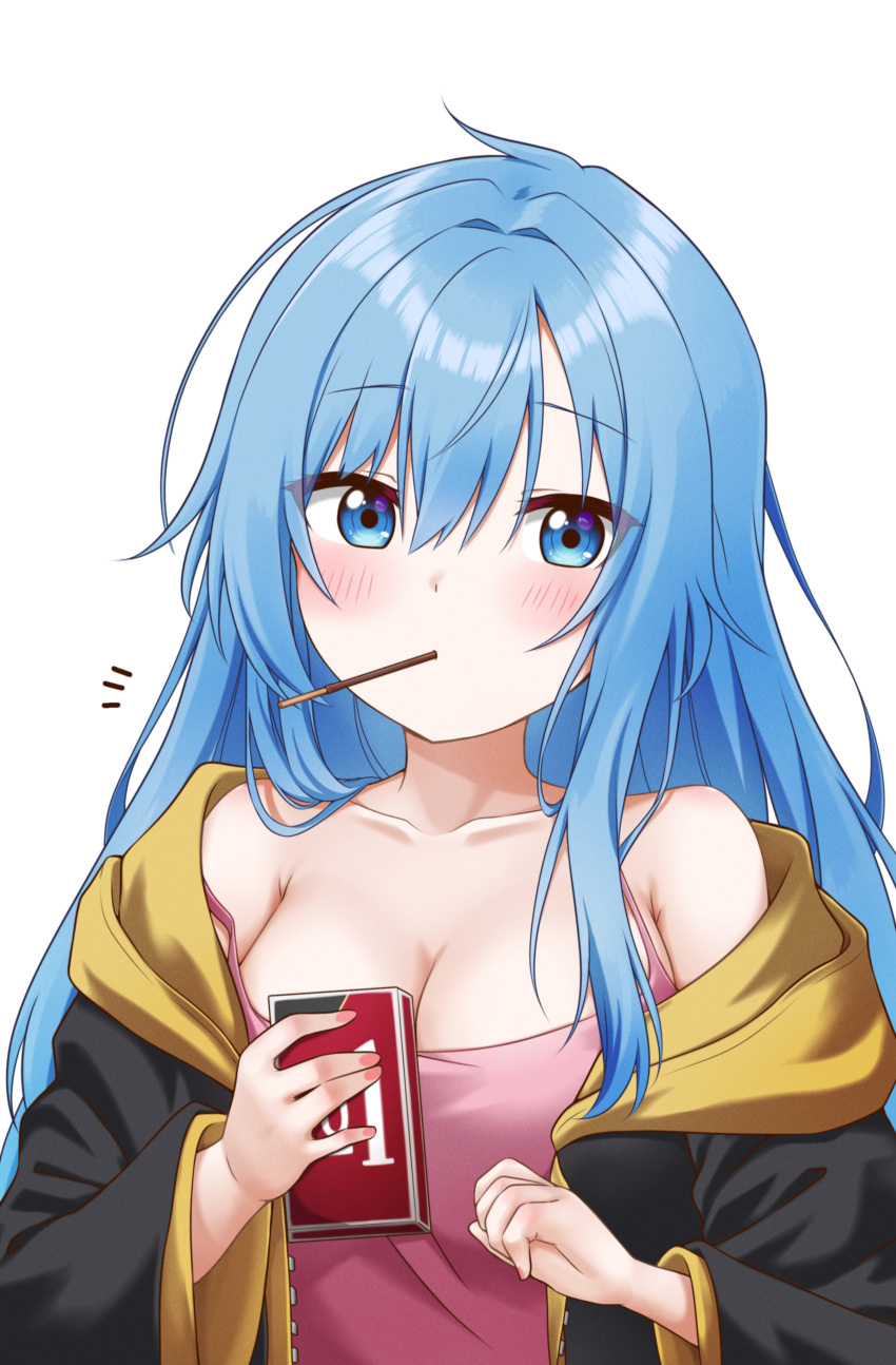 1girl absurdres armpit_crease black_jacket blue_eyes blue_hair blush box breasts cleavage collarbone elie_wayne food_in_mouth highres holding holding_box jacket jan_azure large_breasts long_hair long_sleeves looking_at_viewer off_shoulder original pink_tank_top pocky_in_mouth sidelocks simple_background solo strap_slip tank_top upper_body white_background