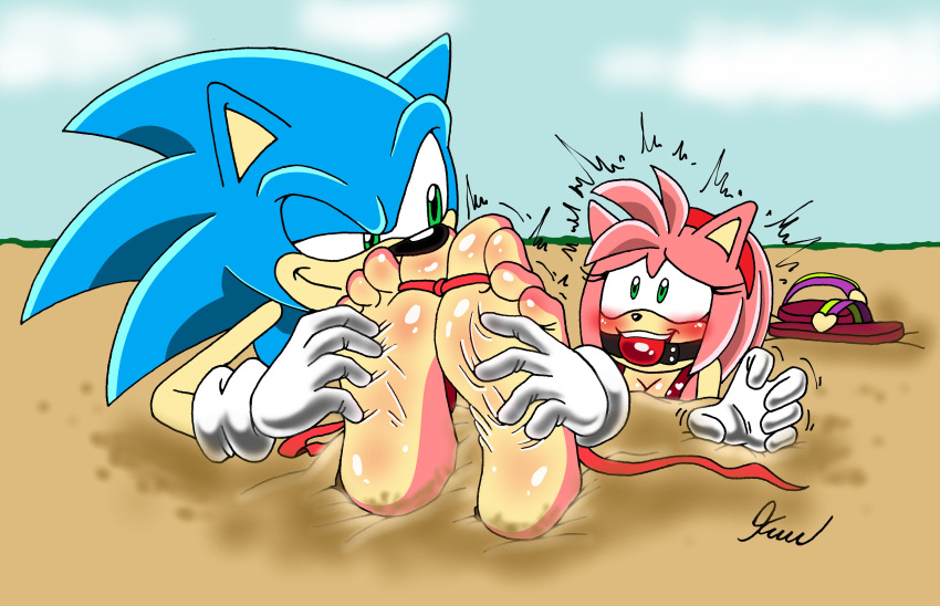 4_toes absurd_res amy_rose anthro ball_gag beach biped blush bound duo feet female foot_fetish foot_focus foot_play gag hi_res male male/female seaside sega skoufidios soles sonic_the_hedgehog sonic_the_hedgehog_(series) tickle_torture tickling tickling_feet toes