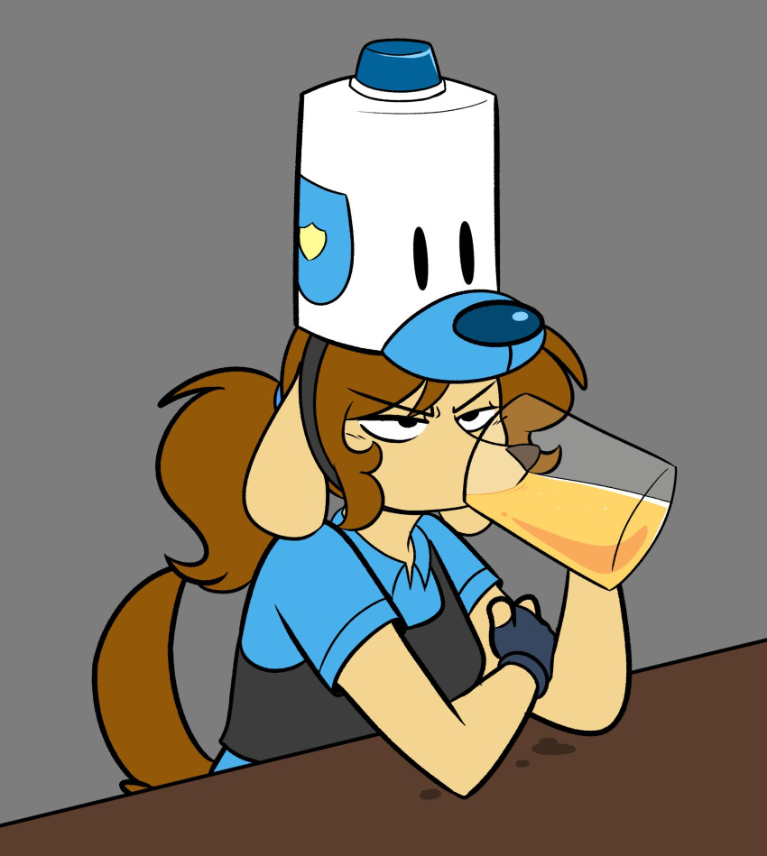 2020 4_fingers alcohol anthro armor bar bar_counter beer beer_mug beverage biped black_eyebrows black_eyelashes black_eyes blue_clothing blue_shirt blue_topwear breasts brown_hair brown_nose brown_tail bulletproof_vest canid canine canis clothed clothed_anthro clothed_female clothing colored container counter digital_drawing_(artwork) digital_media_(artwork) dog_ears dog_tail domestic_dog doodle_(kabula) drinking eyebrow_through_hair eyebrows eyelashes female female_anthro fingerless_gloves fingers floppy_ears fur glass glass_container gloves grey_background hair handwear headgear headwear helmet hi_res holidays kabula_(artist) mammal narrowed_eyes police police_dog police_officer police_uniform shirt simple_background sitting snout solo st._patrick's_day tail tan_body tan_ears tan_fur topwear translucent translucent_hair uniform white_helmet