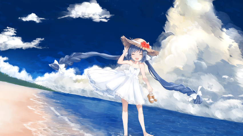 1girl absurdres alternate_costume bare_shoulders barefoot beach blue_hair blue_sky bow clog_sandals closed_eyes cloud commentary_request day dress dutch_angle facing_viewer fang flower foot_out_of_frame hair_bow hand_on_headwear hand_up hat hat_flower highres holding holding_shoes light_blush long_hair multiple_hair_bows n03+ ocean open_mouth otomachi_una outdoors red_flower shoes short_dress sky smile solo spaghetti_strap standing standing_on_one_leg straw_hat summer sundress twintails very_long_hair vocaloid wading waves white_bow white_dress wide_shot wind wind_lift