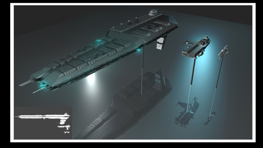 3d assault_ship_(eve_online) battlecruiser_(eve_online) black_border border caldari_state_(eve_online) cannon carrier commentary concept_art davis--237834 destroyer_(eve_online) energy_cannon eve_online frigate_(eve_online) glowing highres military_vehicle no_humans original reflection reflective_floor science_fiction spacecraft turret vehicle_focus