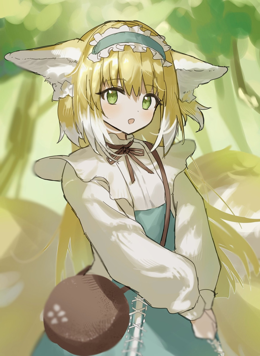 1girl 2naom8q6gt87292 animal_ear_fluff animal_ears aqua_hairband aqua_skirt arknights bag blonde_hair blurry blurry_background brown_bag brown_ribbon cardigan commentary cross-laced_clothes cross-laced_skirt cross-laced_slit depth_of_field fox_ears fox_girl fox_tail frilled_hairband frills green_eyes hair_ornament hair_scrunchie hairband high-waist_skirt highres kitsune kyuubi long_hair long_sleeves looking_at_viewer multicolored_hair multiple_tails neck_ribbon official_alternate_costume open_mouth outdoors own_hands_together puffy_long_sleeves puffy_sleeves ribbon round_bag scrunchie shirt shoulder_bag skirt solo suzuran_(arknights) suzuran_(spring_praise)_(arknights) tail two-tone_hair upper_body white_cardigan white_hair white_shirt