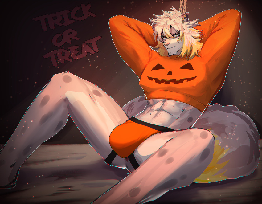 abs absurd_res anthro arms_tied bound clothing felid frame_rez grunting halloween hi_res holidays humanoid jockstrap looking_at_viewer male mammal muscular orange_clothing pantherine sitting snow_leopard solo spread_legs spreading sweater topwear trick_or_treat underwear