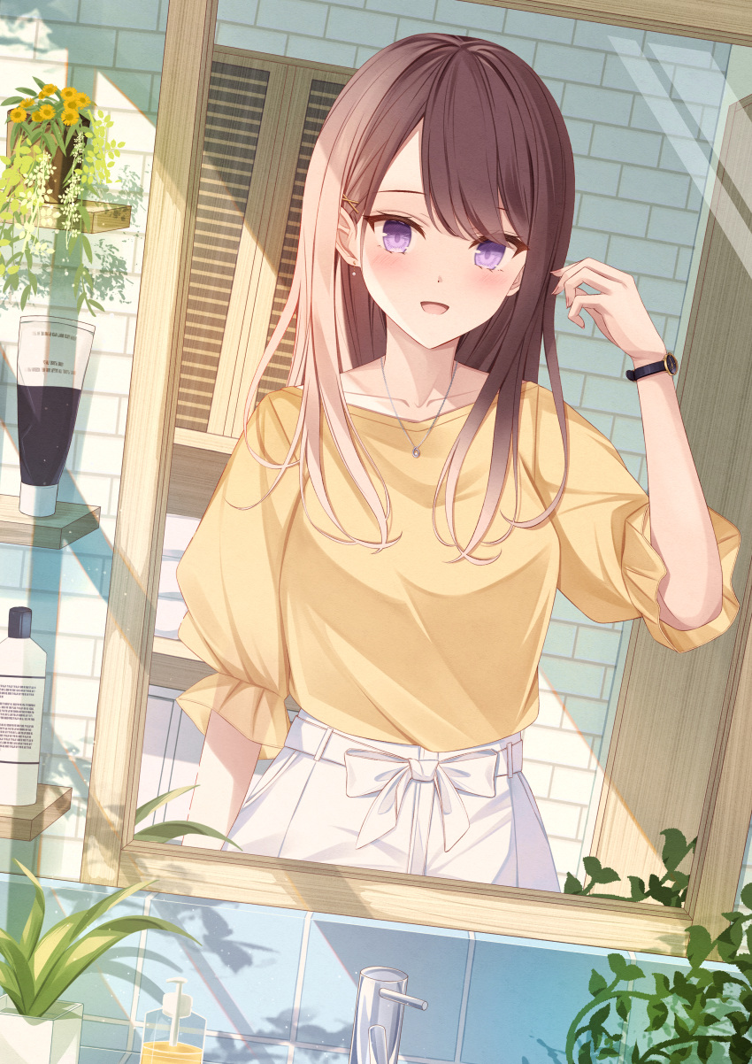1girl :d absurdres arm_at_side bathroom blush bow_skirt brick_wall brown_hair collarbone dutch_angle eyebrows_hidden_by_hair faucet hand_up highres jewelry long_hair long_sleeves looking_at_mirror mirror open_mouth original parted_bangs pendant purple_eyes senri_(senri_sen) shelf shirt shirt_tucked_in sidelocks skirt smile solo tile_wall tiles vase watch white_skirt wristwatch yellow_shirt