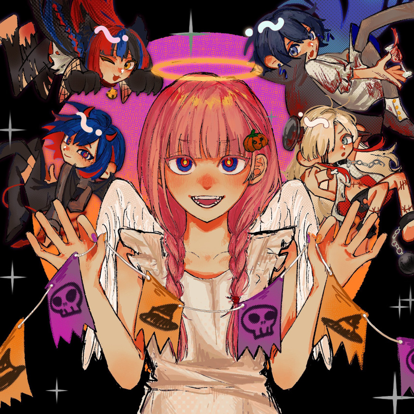 5girls :3 alternate_costume angel animal_hands ball_and_chain_restraint bell black_cape black_collar black_dress black_hair black_thighhighs blonde_hair blood blood_on_clothes blue_eyes blue_hair blush braid cape cat_paws chibi chibi_inset collar colored_inner_hair commentary cup demon_horns demon_tail demon_wings dress drinking_glass english_commentary fake_horns fangs fishnet_sleeves food-themed_hair_ornament gloves grey_eyes grey_pantyhose hair_ornament hair_over_one_eye halftone halloween_costume halo hands_up harusaruhi highres holding holding_limb horns isekai_joucho jingle_bell kaf_(kamitsubaki_studio) kamitsubaki_studio kemonomimi_mode koko_(kamitsubaki_studio) long_hair long_sleeves looking_at_viewer looking_back low_twin_braids multicolored_eyes multicolored_hair multiple_girls neck_bell object_through_head one_eye_closed one_eye_covered open_clothes open_mouth open_shirt pants pantyhose paw_gloves pink_hair pumpkin_hair_ornament red_eyes red_hair rim_(kamitsubaki_studio) screw_in_head shirt sleeveless sleeveless_dress sleeveless_shirt smile solo_focus sparkle stitched_leg stitched_torso stitches string_of_flags tail thighhighs torn_clothes torn_pants twin_braids ume_(ume_xxoo) vampire_costume virtual_youtuber w_arms white_dress wine_glass wings yellow_eyes yellow_pupils