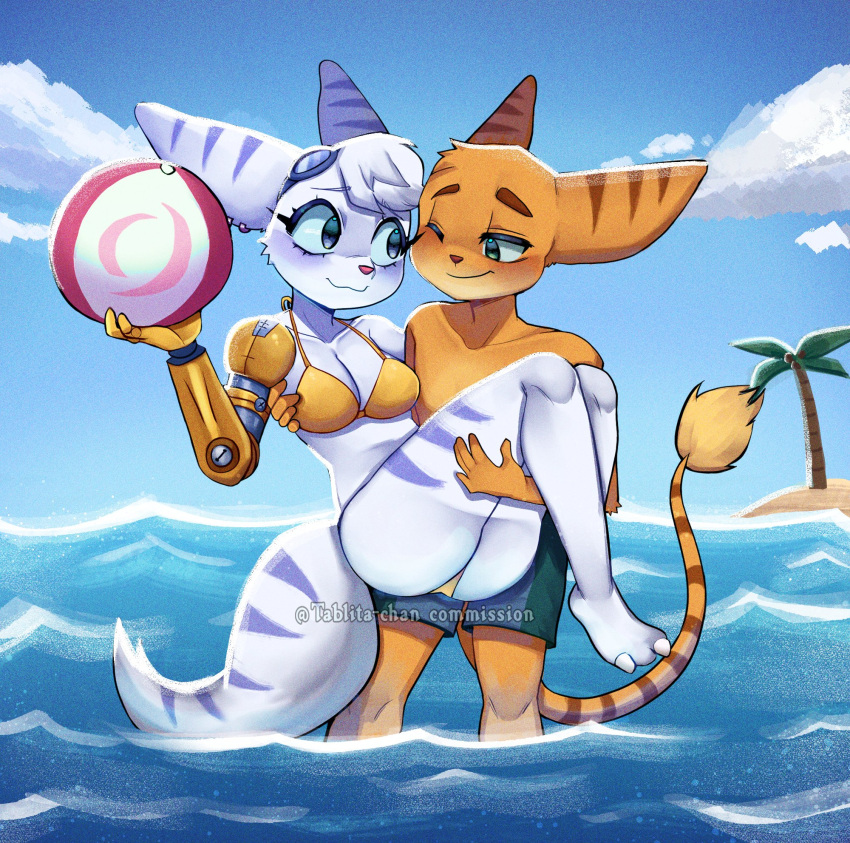 ball beach beach_ball big_breasts bikini bikini_thong bikini_top blue_eyes blush breasts charging clothed clothing cloud cute_expression day duo ear_piercing ear_ring eyewear eyewear_on_head female fluffy fluffy_tail fur goggles goggles_on_head green_eyes happy hi_res holding_partner inflatable insomniac_games light lombax male male/female mammal open_mouth open_smile outside piercing playing ratchet ratchet_and_clank ring_piercing rivet_(ratchet_and_clank) robotic_arm romantic romantic_couple sand sea seaside signature sky smile sony_corporation sony_interactive_entertainment striped_body striped_fur stripes sun sunlight swimming_goggles swimming_trunks swimwear tablitacha88710 tail topless topless_male water white_body white_fur yellow_bikini yellow_body yellow_clothing yellow_fur yellow_swimwear