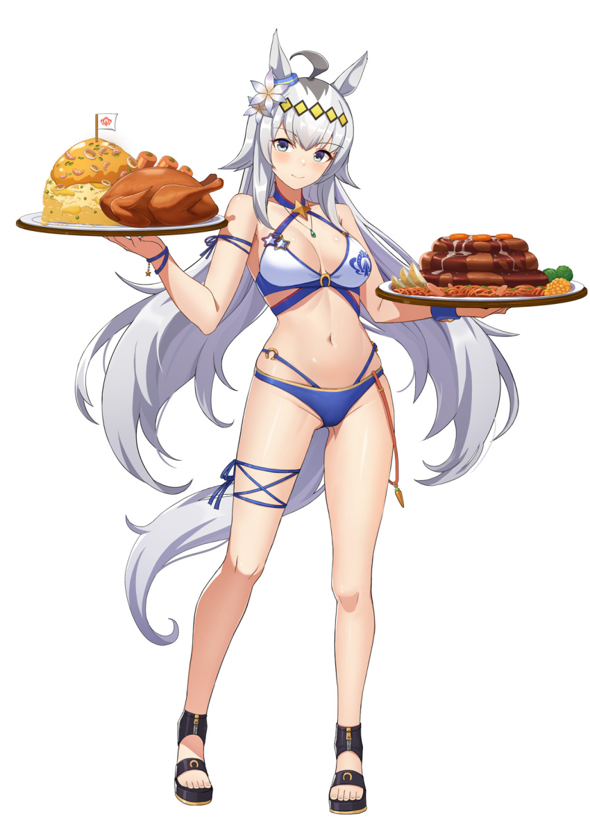 1girl ahoge animal_ears blue_eyes breasts criss-cross_halter ear_ornament food grey_hair hairband halterneck highres holding holding_plate horse_ears horse_girl horse_tail long_hair medium_breasts navel oguri_cap_(umamusume) plate smile tail turkey_(food) umamusume vococo yellow_hairband