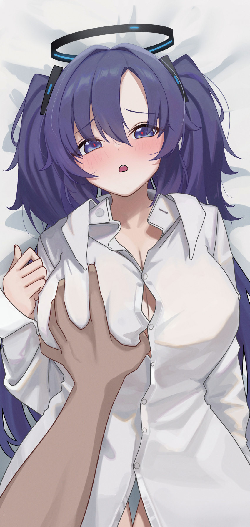 1girl absurdres blue_archive blush breasts buttons cleavage hair_between_eyes halo highres long_hair mcbox mechanical_halo medium_breasts open_mouth purple_eyes purple_hair shirt solo_focus two_side_up white_shirt yuuka_(blue_archive)