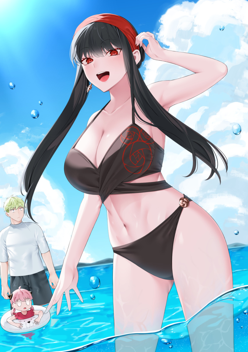 0_0 1boy 2girls :d anya_(spy_x_family) arm_up bikini black_bikini black_hair blonde_hair blue_sky bond_(spy_x_family) breasts child cloud day earrings family gold_earrings hairband highres innertube jewelry large_breasts long_hair looking_at_another looking_at_viewer multiple_girls navel ocean open_mouth outdoors pink_hair red_eyes red_hairband shirt sidelocks sky smile spy_x_family stomach swimsuit teeth thighs twilight_(spy_x_family) tyaaaaaaba upper_teeth_only wading water white_shirt yor_briar