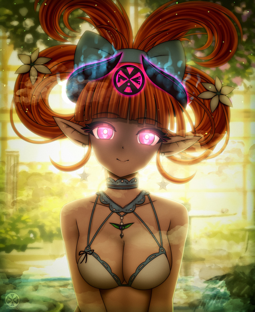 &lt;3 &lt;3_eyes 2023 absurd_res accessory ahoge amulet angel aura background_smoke bangs bloom_(vrabo) bow_ribbon choker clothing death_stare demon ear_piercing ear_ring elf evil_grin eyelashes female flower flower_in_hair fog glowing glowing_eyes hair hair_accessory hair_bow hair_ribbon hi_res horn humanoid hybrid jewelry lingerie long_ears looking_at_viewer magic monster_girl_(genre) necklace no_man's_sky orange_hair piercing pink_eyes plant ribbons ring_piercing smile smoke solo stare steam succubus thick_eyelashes vrabo