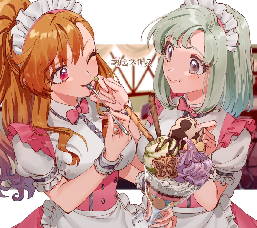 2girls apron banana blush bow bowtie breasts chocolate closed_mouth cookie cream cup dress eating food food_on_face frilled_apron frilled_sleeves frills from_side fruit green_hair grey_eyes grid_background hair_bow holding holding_cup holding_food holding_spoon hoyaza1561 ice_cream idolmaster idolmaster_(classic) idolmaster_million_live! idolmaster_million_live!_theater_days idolmaster_one_for_all idolmaster_starlit_season idolmaster_stella_stage kuroi_takao leon_(idolmaster) long_hair looking_at_another matcha_(food) medium_breasts mole mole_under_eye mouth_hold multiple_girls one_eye_closed orange_hair pink_bow pink_bowtie pink_dress ponytail pretzel puffy_short_sleeves puffy_sleeves purple_eyes shiika_(idolmaster) short_hair short_sleeves smile spoon sundae waist_apron white_apron white_headdress wristband