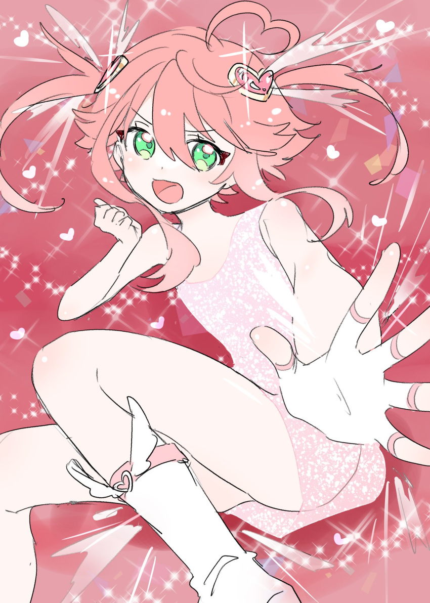 1boy ahoge blush dress ensemble_stars! fingerless_gloves gloves green_eyes hair_ornament heart heart_ahoge heart_hair_ornament highres himemiya_tori magical_boy male_focus multicolored_background open_mouth pink_background pink_dress pink_hair puputyann red_background sketch smile solo twintails white_footwear white_gloves