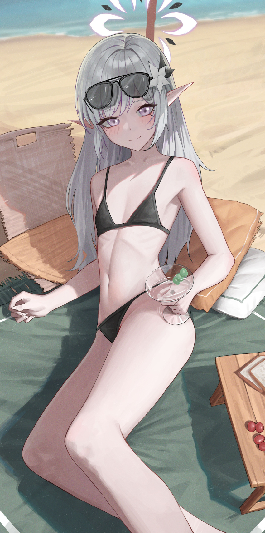 1girl absurdres alternate_costume bare_arms bare_legs bare_shoulders beach bikini black_bikini blue_archive blush closed_mouth cup flat_chest grey_hair halo highres himari_(blue_archive) holding holding_cup hwan_(verypoor) long_hair mole mole_under_eye ocean pointy_ears purple_eyes purple_halo skinny solo swimsuit