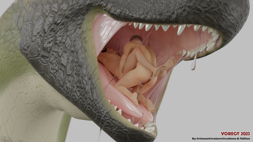 3d_(artwork) absurd_res ambiguous_gender anal anal_penetration bodily_fluids crimsoncreaturecreations digital_media_(artwork) dragon dragon_pred feral from_front_position green_dragon_(untied_verbeger) group hi_res human lying male male/male mammal mawplay missionary_position nude on_back oral_vore penetration rendered saliva sex size_difference soft_vore tallion teeth tongue trio vore