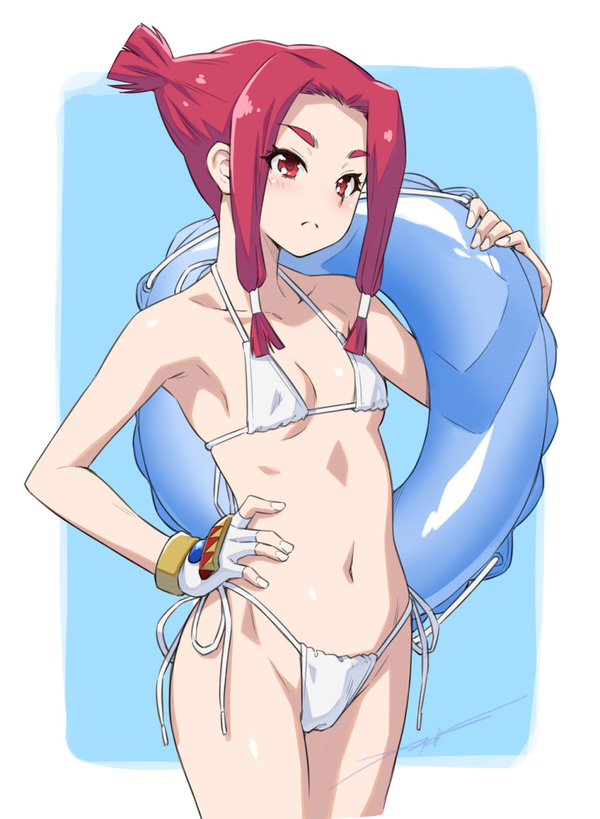 1girl armpit_peek beryberie bikini breasts cowboy_shot fingerless_gloves gloves hand_on_own_hip highres hirogaru_sky!_precure innertube kazuma_muramasa looking_to_the_side navel precure red_eyes red_hair side-tie_bikini_bottom small_breasts solo swimsuit white_bikini