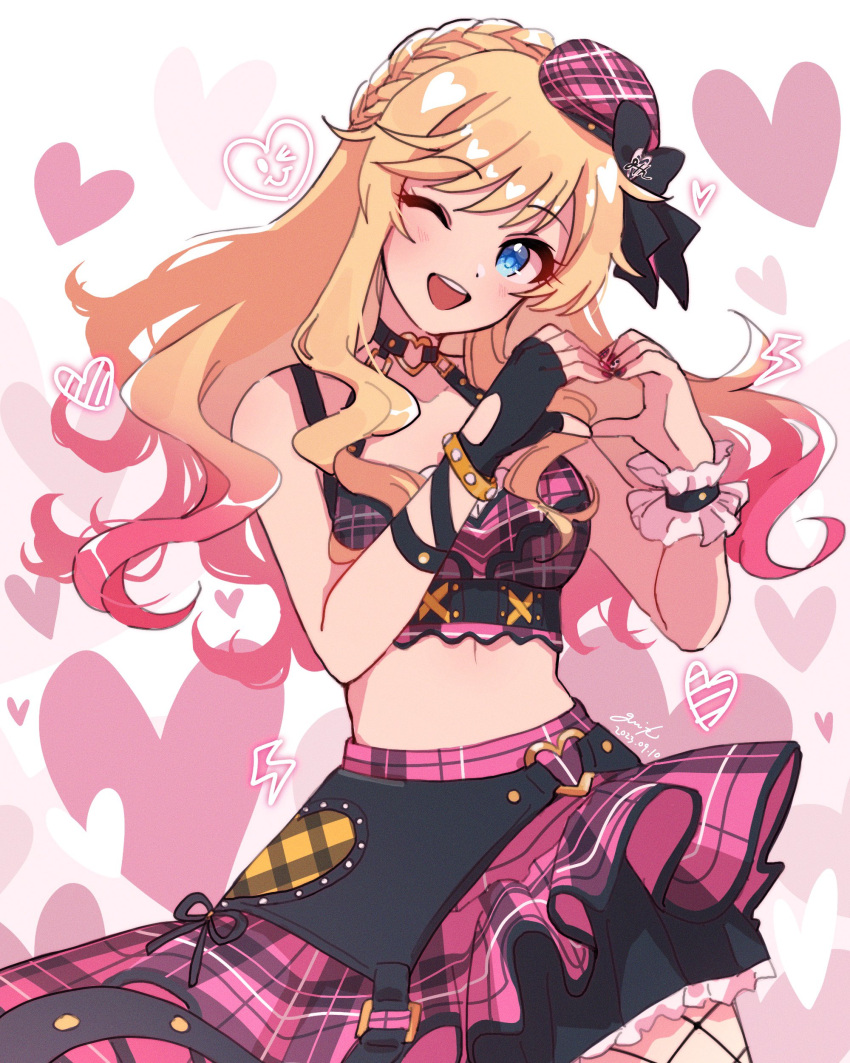 1girl absurdres bare_shoulders blonde_hair blue_eyes blush bracelet breasts fishnet_thighhighs fishnets frilled_skirt frills grk_11601 hair_ornament heart heart_hands heart_o-ring highres idolmaster idolmaster_cinderella_girls idolmaster_cinderella_girls_starlight_stage jewelry long_hair looking_at_viewer medium_breasts midriff ohtsuki_yui one_eye_closed open_mouth patterned_clothing skirt smile solo thighhighs wavy_hair