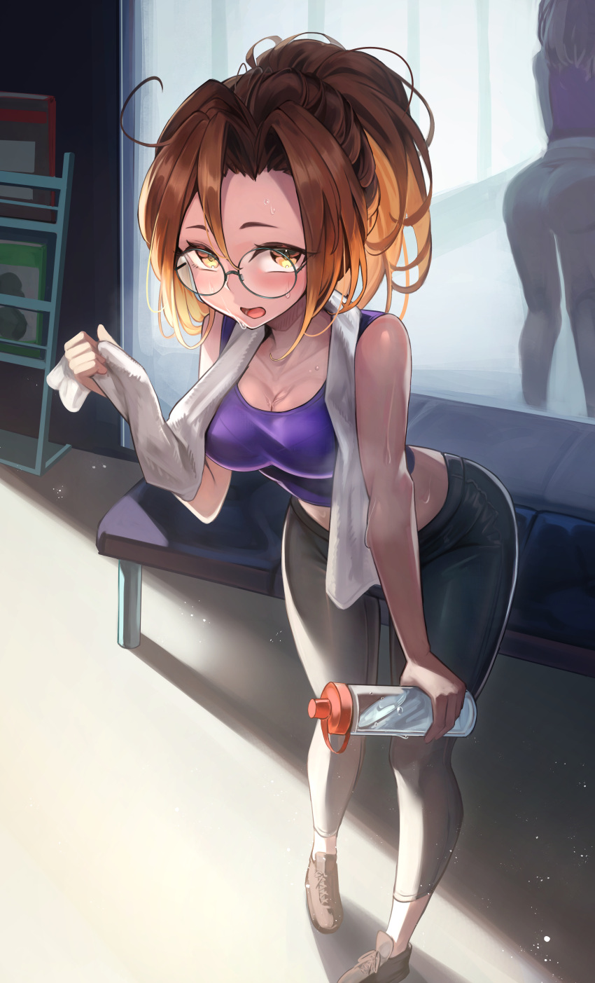 1girl absurdres bottle breasts brown_hair commission copyright_request glasses green-framed_eyewear hakusyokuto highres holding holding_bottle long_hair looking_at_viewer open_mouth orange_hair pants round_eyewear skeb_commission standing towel towel_around_neck water_bottle yellow_eyes yoga_pants