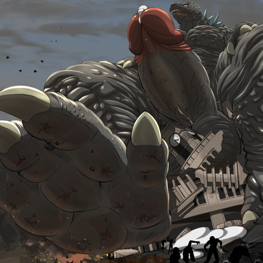 anthro balls big_balls big_penis bodily_fluids city cum destruction erection feet foot_focus genital_fluids genitals godzilla godzilla_(series) hi_res low-angle_view macro male mfive_(artist) micro_abuse penis solo stomping toho vein veiny_penis worm's-eye_view