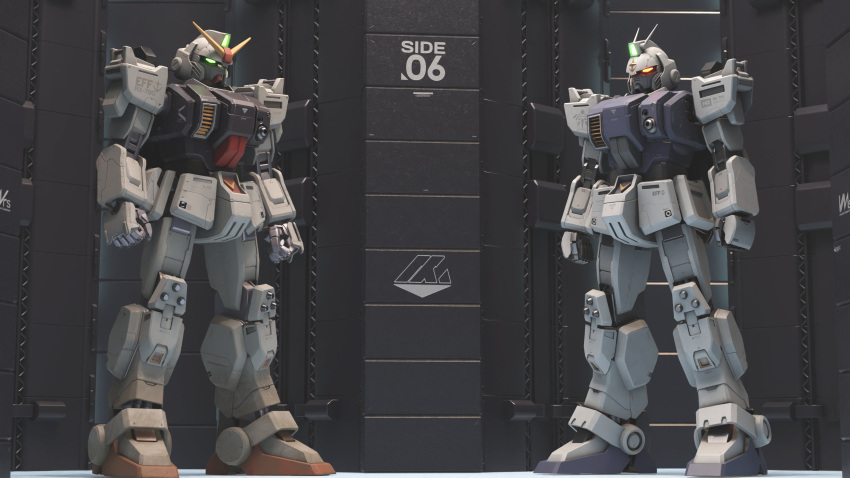 3d absurdres blender_(medium) color_variation comparison earth_federation emblem english_commentary ground_gundam ground_gundam_type_s gundam hangar highres machinery mecha mjeff mobile_suit no_humans original realistic redesign robot roundel science_fiction