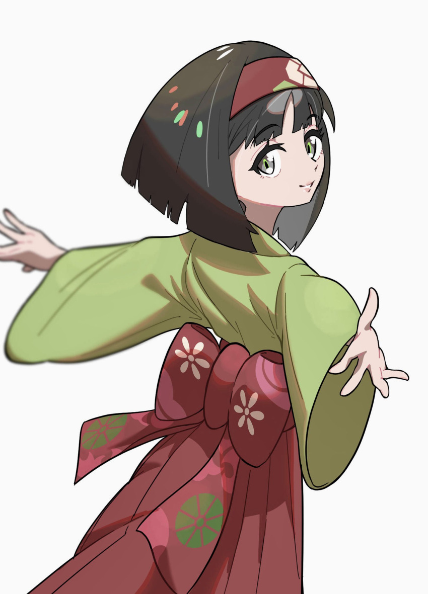 1girl black_hair bow bowtie erika_(pokemon) from_behind green_kimono grey_eyes hairband highres japanese_clothes keeno-ringo46 kimono looking_at_viewer looking_back pokemon pokemon_(game) pokemon_rgby red_bow red_bowtie red_hairband short_hair simple_background solo white_background