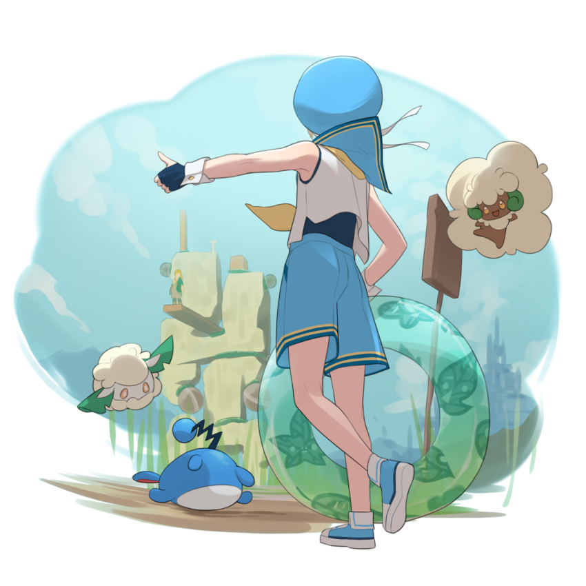 1boy anchor_ornament black_gloves blonde_hair blue_collar blue_footwear blue_headwear blue_sailor_collar blue_shorts blue_sky castle collar cottonee crossdressing fence fingerless_gloves from_behind gloves hat holding_lifebuoy link male_focus marill mubo original otoko_no_ko outdoors pokemon pokemon_(creature) ribbon sailor_collar sailor_hat school_uniform serafuku shirt shorts sign sky sleeveless the_legend_of_zelda the_legend_of_zelda:_breath_of_the_wild thumbs_up whimsicott white_background white_shirt wooden_fence wooden_floor wrist_cuffs yellow_eyes yellow_ribbon