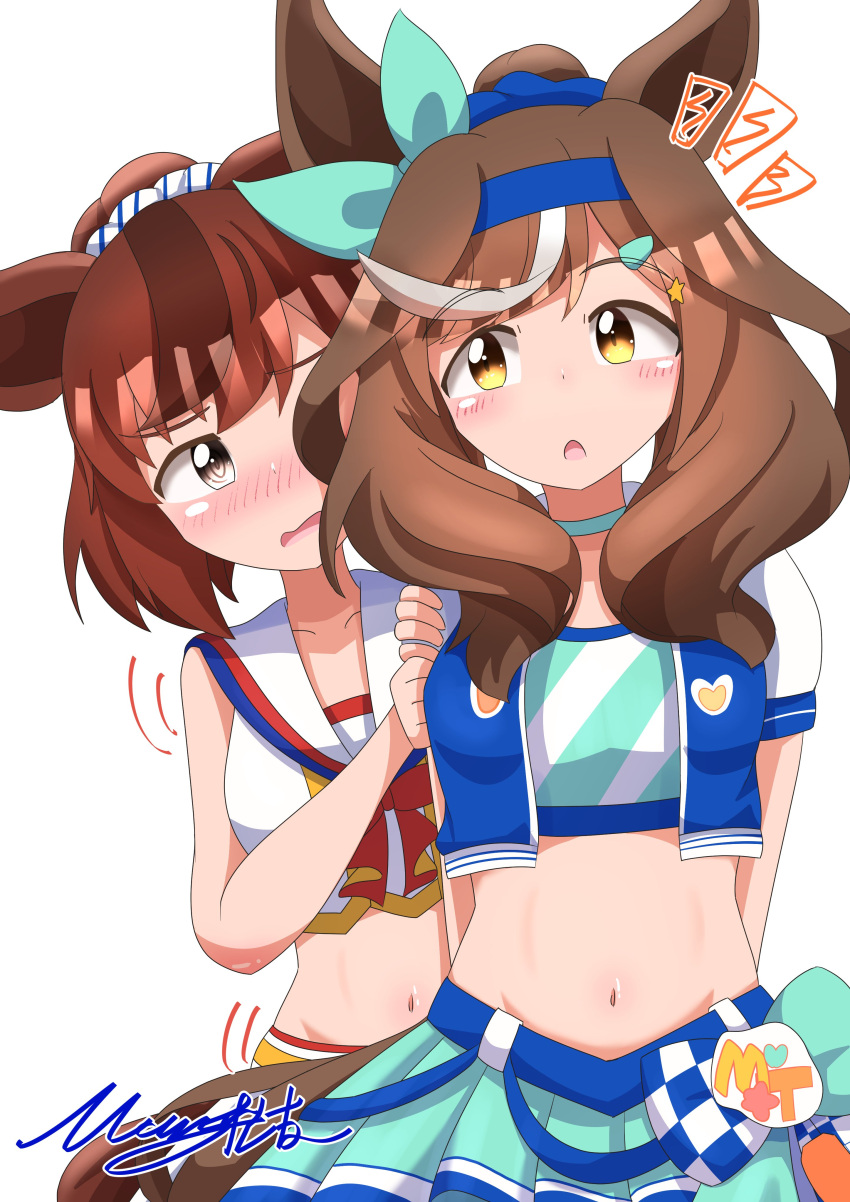 2girls absurdres animal_ears brown_eyes brown_hair cheerleader commentary_request crop_top hair_ornament headband hiding hiding_behind_another highres horse_ears horse_girl horse_tail looking_at_viewer matikane_tannhauser_(blue_turbulence)_(umamusume) matikane_tannhauser_(umamusume) matty_(matsutomo) medium_hair midriff multiple_girls navel nice_nature_(run&amp;win)_(umamusume) nice_nature_(umamusume) official_alternate_costume official_alternate_hairstyle ribbon roar_yell!_tracen_academy_cheerleading_squad_(umamusume) signature tagball_rumble:_witty_warfare!_(umamusume) tail umamusume white_background