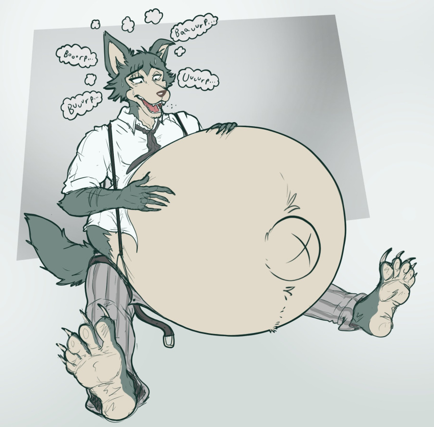 2022 5_fingers 5_toes aircraft airship anthro barefoot beastars belly belt big_belly bloated burping canid canine canis claws clothing eggo21 feet fingers furry furry_male furry_only hi_res invalid_tag legoshi_(beastars) looking_at_belly looking_down male mammal navel necktie outie_navel scar solo toes uniform wolf