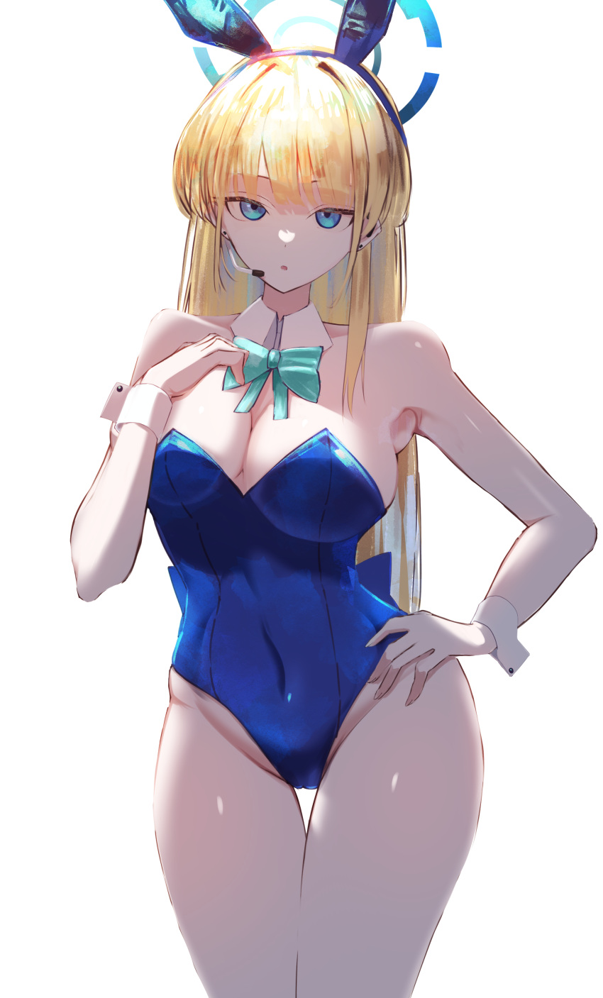 1girl absurdres animal_ears asaki_(asaki_vision) bare_shoulders blonde_hair blue_archive blue_eyes blue_leotard breasts cleavage covered_navel detached_collar earrings fake_animal_ears groin halo hand_on_own_chest hand_on_own_hip headset highres jewelry large_breasts leotard looking_at_viewer official_alternate_costume playboy_bunny rabbit_ears simple_background solo stud_earrings thigh_gap toki_(blue_archive) toki_(bunny)_(blue_archive) white_background wrist_cuffs