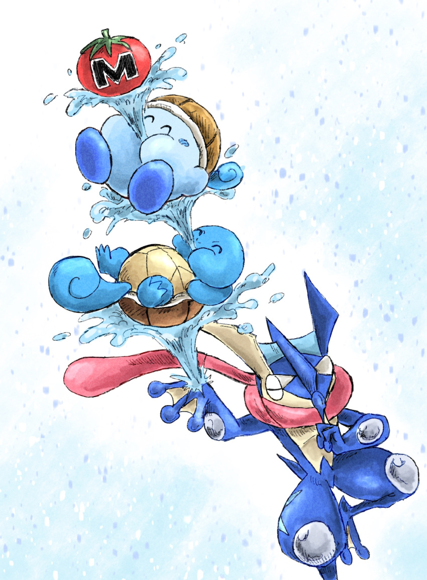 blue_background blue_skin blush_stickers closed_eyes colored_skin copy_ability greninja highres kicdon kirby kirby_(series) maxim_tomato pokemon pokemon_(creature) squirtle standing standing_on_one_leg super_smash_bros. tail tongue turtle_shell water_gun_(pokemon)