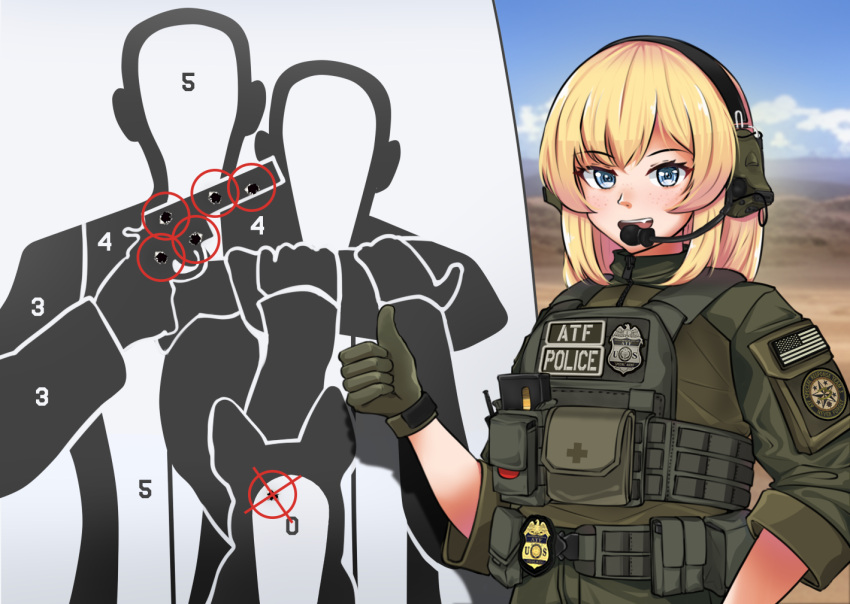 1girl :d american_flag atf badge blonde_hair blue_eyes bullet_hole commentary cross ear_protection english_commentary gloves green_gloves green_shirt jizi load_bearing_vest long_hair looking_at_viewer open_mouth original outdoors patch police police_badge police_uniform policewoman red_circle red_cross shirt shooting_range shoulder_patches sleeves_rolled_up smile solo teeth thumbs_up uniform united_states upper_teeth_only vest