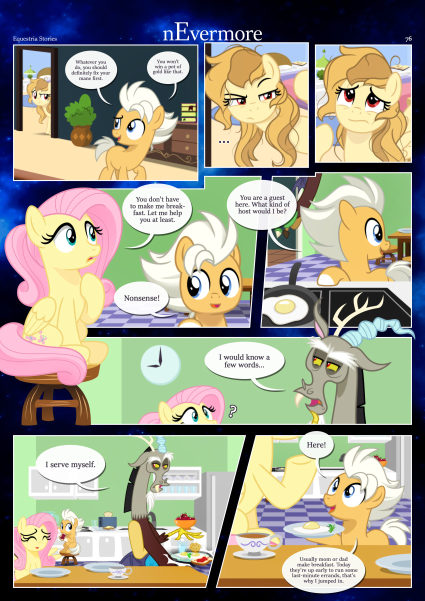 absurd_res alice_goldenfeather_(estories) anthro appliance bedroom border breakfast brother_(lore) brother_and_sister_(lore) chimera clock container cookware cup cupboard cutie_mark dialogue discord_(mlp) draconequus earth_pony egg equid equine estories fable_(estories) female feral fluttershy_(mlp) food fridge friendship_is_magic frying_pan furniture group hallway hasbro hi_res horse kitchen kitchen_appliance kitchen_utensils magic male mammal my_little_pony narrowed_eyes open_mouth pegasus plate pony serving serving_food sibling_(lore) sister_(lore) sitting standing stool tea_cup tools white_border wings