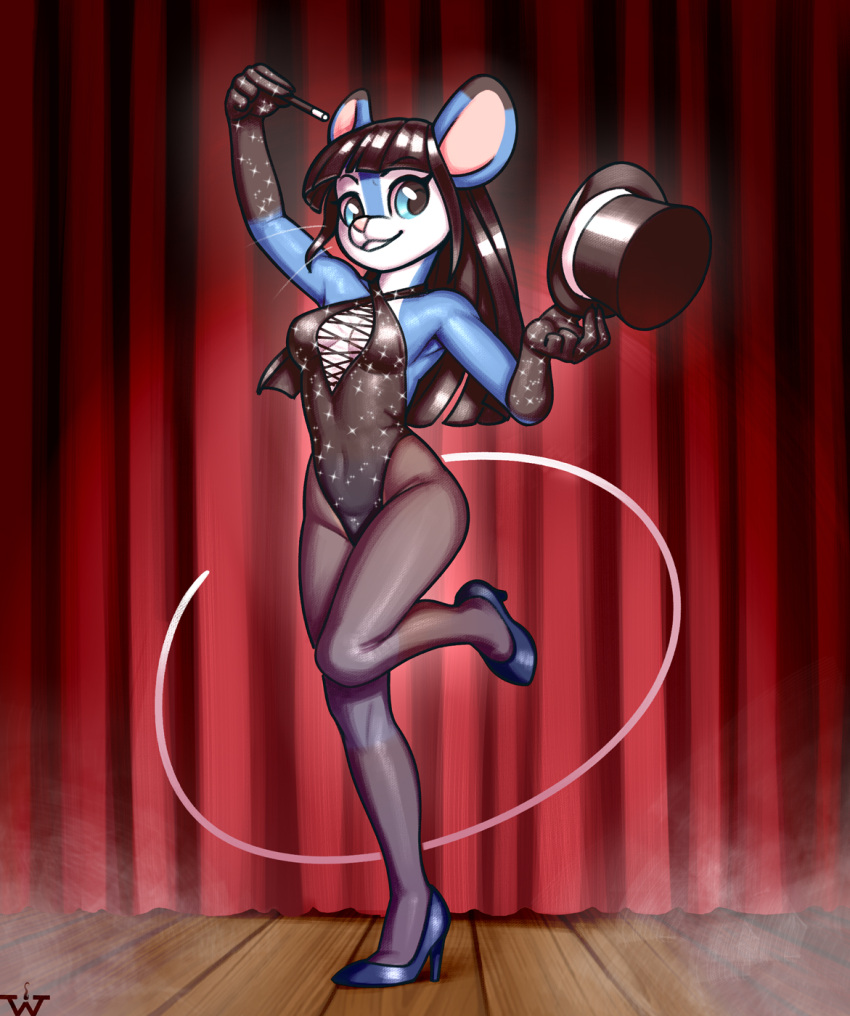 2022 anthro blue_body blue_eyes blue_fur breasts cleavage clothed clothing countershade_face countershade_torso countershading female footwear fur hat headgear headwear hi_res high_heels legwear leotard magic_wand magician mammal mouse murid murine pantyhose rodent solo top_hat wick_(artist)