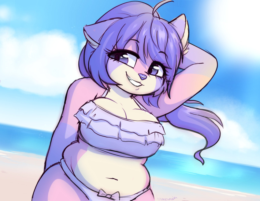 anthro beach belly big_breasts bikini bikini_bottom bow_accessory breasts clothing cloud cloudscape female frilly frilly_clothing fur hair hand_behind_head hi_res long_hair moozua multicolored_body multicolored_fur narrowed_eyes purple_eyes purple_hair sea seaside skindentation sky slightly_chubby smile solo swimwear two_tone_body two_tone_fur water