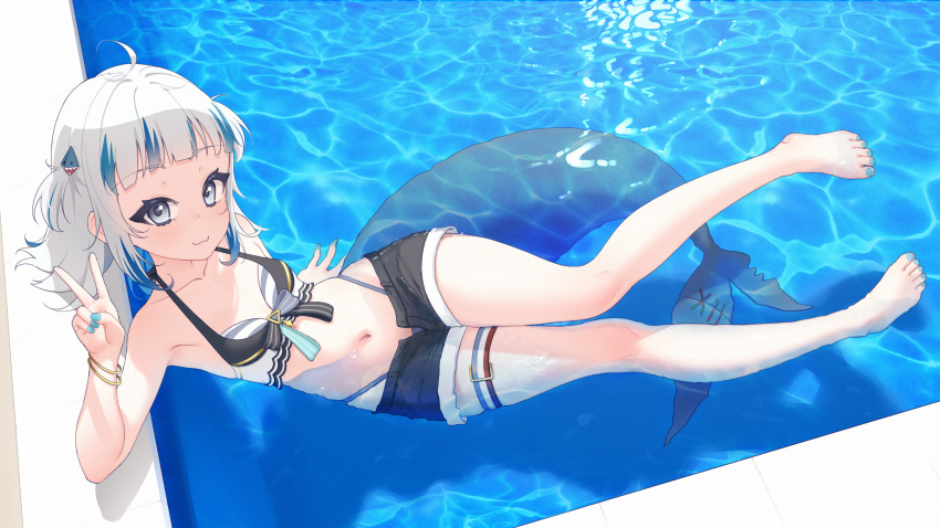 1girl :3 absurdres afloat ahoge alternate_costume barefoot bikini bikini_under_shorts black_shorts blue_eyes blue_hair blue_nails blunt_bangs bracelet breasts closed_mouth collarbone dot_nose feet fingernails fins fish_tail full_body gawr_gura grey_hair hair_ornament highleg highleg_bikini highres hololive hololive_english jewelry legs light_blush looking_at_viewer lucasyecla99 medium_hair multicolored_hair nail_polish navel pool shark_girl shark_hair_ornament shark_tail shorts sidelocks small_breasts solo stomach streaked_hair swimsuit tail thigh_strap toenail_polish toenails toes two_side_up v virtual_youtuber water