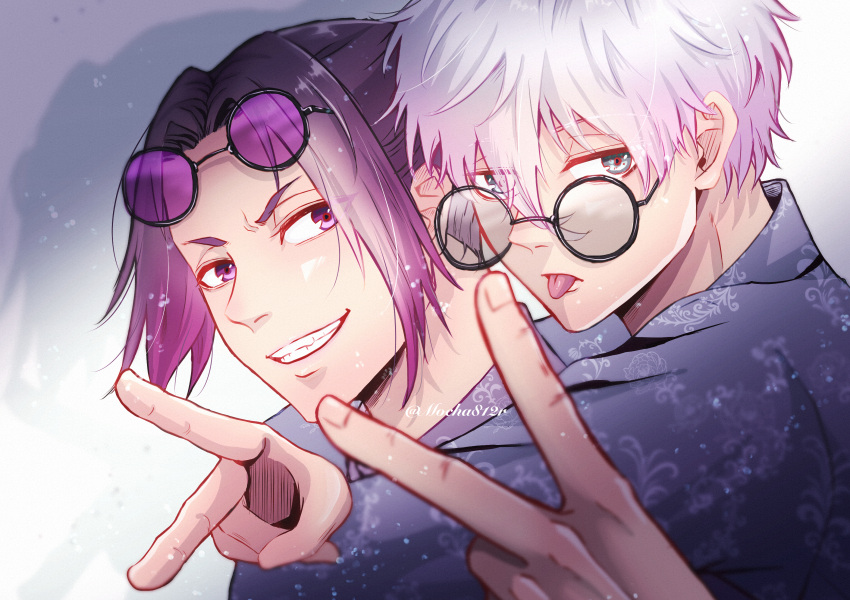 2boys black_eyes blue_lock blue_shirt glasses grin hand_up highres hug hug_from_behind long_sleeves looking_at_viewer male_focus mikage_reo mocha_(w-mocha95) multiple_boys nagi_seishirou purple-tinted_eyewear purple_eyes purple_hair round_eyewear shirt short_eyebrows short_hair smile teeth tinted_eyewear tongue tongue_out twitter_username upper_body v white_background white_hair