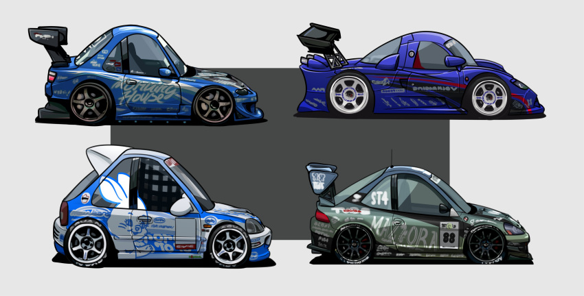 absurdres car chibi from_side grey_background highres holeecrab honda honda_civic honda_integra motor_vehicle newjeans nissan nissan_r390 no_humans original race_vehicle racecar spoiler_(automobile) sponsor vehicle_focus vehicle_request