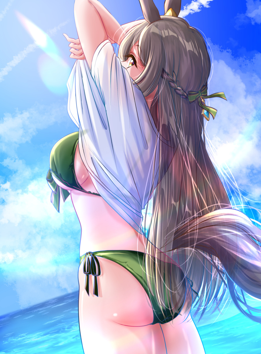 1girl absurdres alternate_costume animal_ears arms_up ass bikini blue_sky braid breasts brown_eyes brown_hair cloud cloudy_sky commentary_request cowboy_shot french_braid front-tie_bikini_top front-tie_top green_bikini highres horse_ears horse_girl horse_tail kakikakilemon lens_flare long_hair looking_at_viewer looking_back medium_breasts ocean outdoors satono_diamond_(umamusume) shirt side-tie_bikini_bottom sky solo swimsuit tail umamusume undressing wet wet_clothes wet_shirt white_shirt