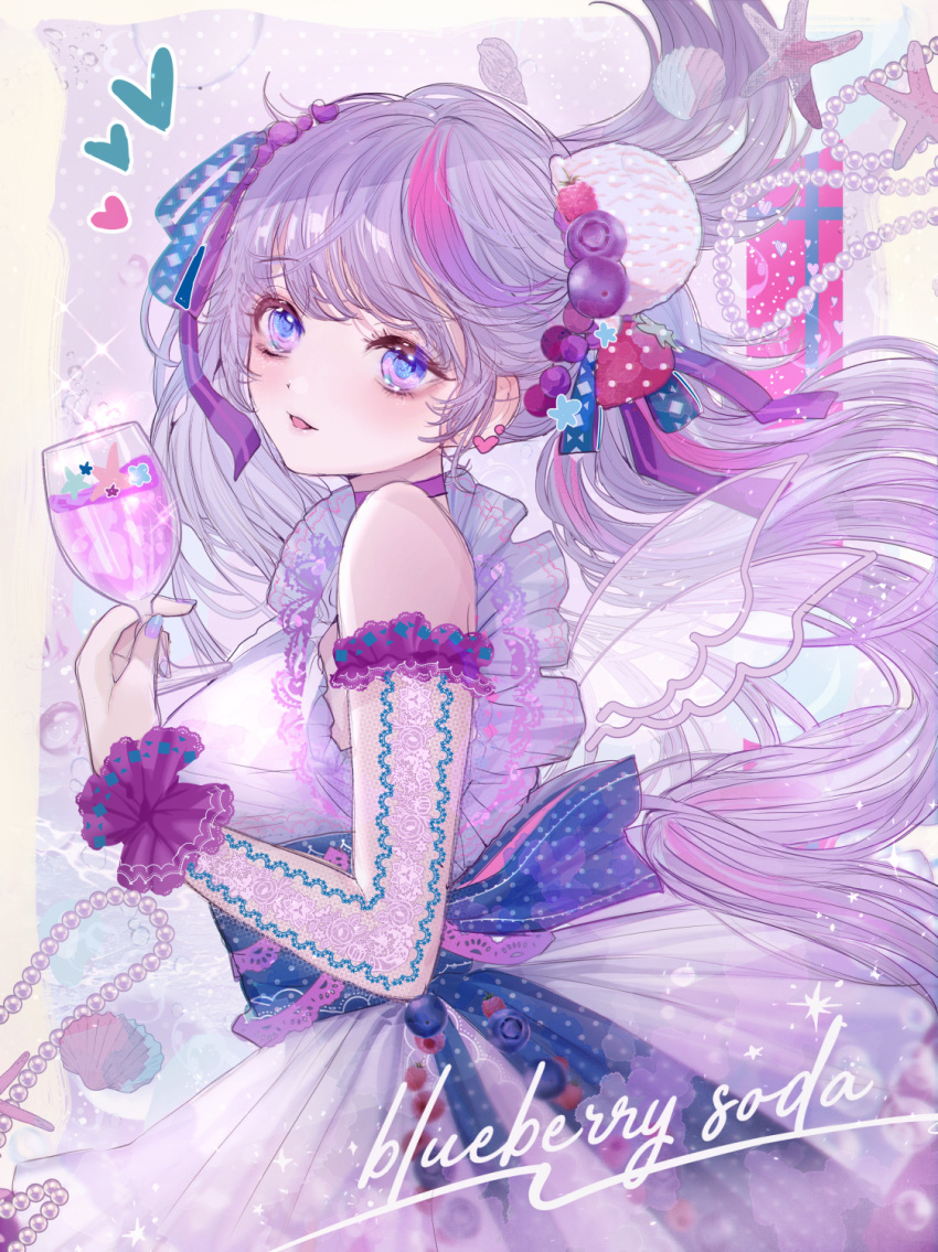 1girl bare_shoulders blue_nails blush border bow bun_cover choker cup detached_sleeves dot_nose dress drink drinking_glass english_text frilled_sleeves frills from_side hair_bow hair_bun hair_ornament hairclip heart highres holding holding_cup komorihikki long_bangs long_hair looking_at_viewer multicolored_eyes nail_polish open_mouth original outside_border pink_eyes purple_choker purple_eyes see-through see-through_sleeves sidelocks sleeveless sleeveless_dress smile solo twintails waist_bow waist_sash white_border white_dress wine_glass