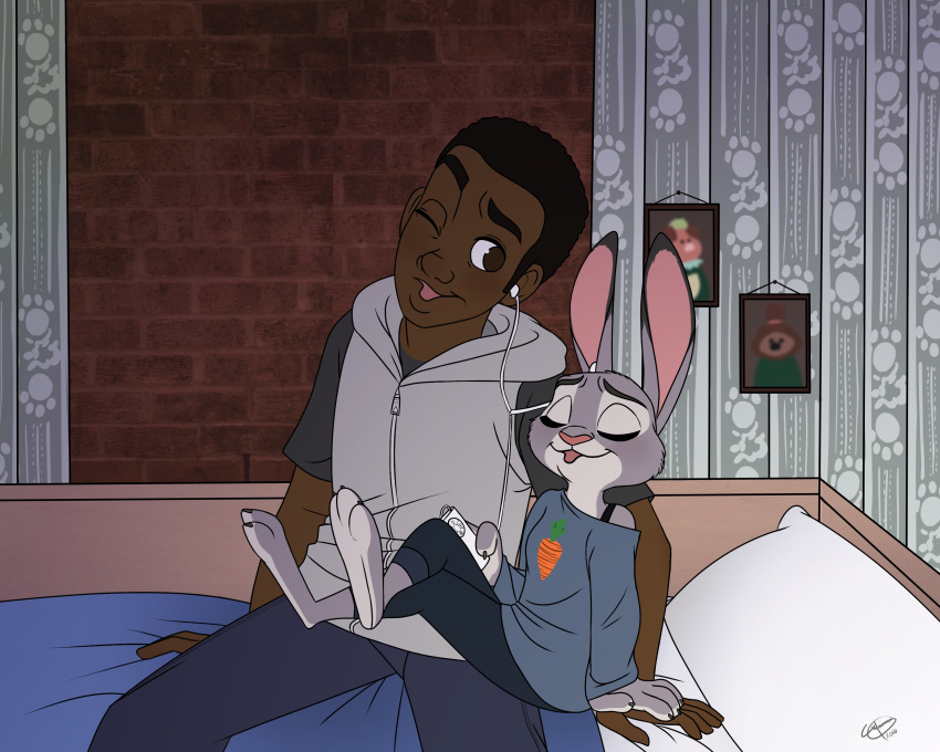 2016 absurd_res anthro artsymaria bed bed_sheet bedding blue_clothing blue_shirt blue_topwear blush brick_wall brown_eyes brown_hair camisole clothed clothing dark_body dark_skin disney duo earbuds eyes_closed female fur furniture grey_body grey_clothing grey_fur grey_hoodie grey_topwear hair headphones hi_res hoodie human inside judy_hopps lagomorph leporid listening_to_music male male/female mammal off_shoulder on_bed one_eye_closed open_mouth picture_frame pillow portable_music_player quentin_(zylo24) rabbit sharing shirt signature singing sitting sitting_on_bed topwear wall_(structure) zootopia