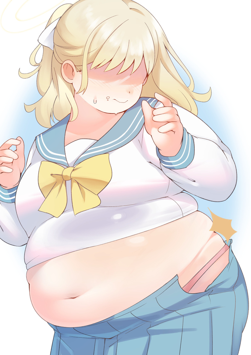 1girl absurdres bifizu's_gold blonde_hair blue_archive blue_background blue_sailor_collar blue_skirt blush bow breasts closed_mouth cowboy_shot dot_nose fat gradient_background halo highres large_breasts leaning_forward long_sleeves midriff navel no_eyes open_hands pleated_skirt sailor_collar school_uniform serafuku shirt simple_background skirt solo stomach sweat thick_arms torn_clothes torn_skirt trinity_student_(blue_archive) white_background white_shirt yellow_bow