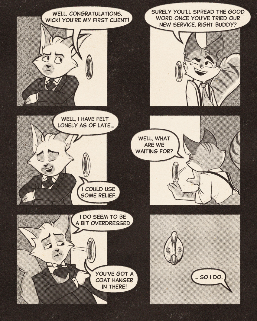 anthro black_and_white clothing comic dialogue domestic_cat duo felid feline felis glory_hole hi_res lackadaisy male male/male mammal monochrome rocky_rickaby sedgewick_sable sexylinguini sitting speech_bubble suit webcomic