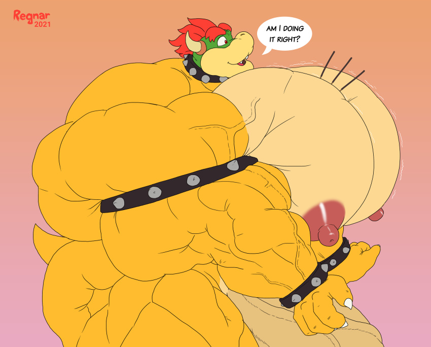 2021 absurd_res accessory anthro biceps big_muscles big_penis bowser butt digital_media_(artwork) genitals hair hi_res huge_muscles huge_penis humanoid_genitalia humanoid_penis hyper hyper_muscles hyper_pecs koopa male mario_bros muscular muscular_anthro muscular_male neckwear nintendo nipples nude open_mouth pecs penis regnar scalie simple_background smile solo standing tail text vein wristband