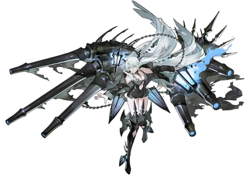 1girl arbiter_the_hermit_ix_(azur_lane) armored_boots artist_request azur_lane bare_shoulders black_footwear black_jacket black_shirt black_shorts blue_fire boots braid breasts cannon cape chain cleavage clenched_teeth coat collar collarbone fire flame flaming_eye floating_hair full_body hair_between_eyes hair_ornament halterneck highres holding holding_lantern holding_weapon huge_weapon jacket knee_boots lantern long_hair long_sleeves looking_at_viewer machinery medium_breasts navel official_art open_clothes open_coat open_jacket outstretched_arm rigging shirt shorts sidelocks simple_background siren_(azur_lane) sleeveless sleeveless_shirt smile solo standing teeth thigh_boots thighs torn_cape torn_clothes very_long_hair weapon white_hair yellow_eyes