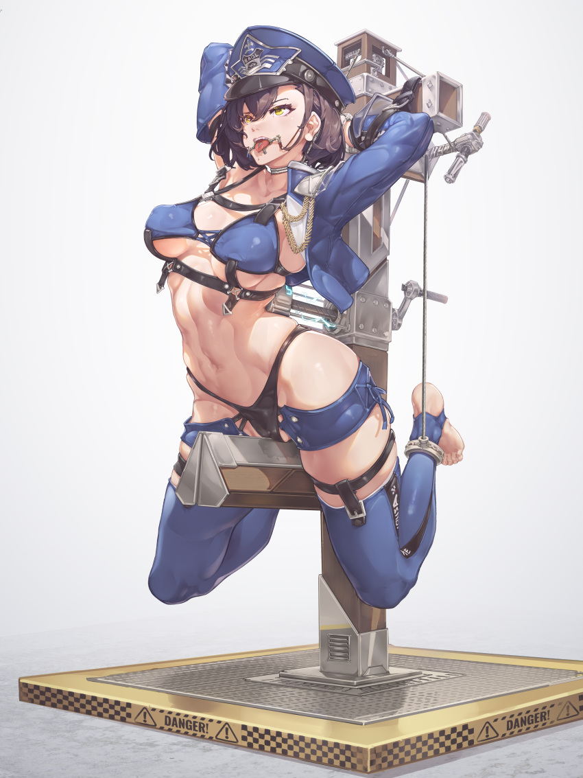 1girl absurdres arms_up azur_lane baltimore_(azur_lane) bikini black_hair blue_bikini blue_headwear blue_jacket breasts commentary_request commission grey_background hat highres jacket large_breasts long_sleeves navel open_clothes open_jacket open_mouth peaked_cap sawatari_(mbcilanr) second-party_source short_hair simple_background solo stomach swimsuit thighs tongue yellow_eyes